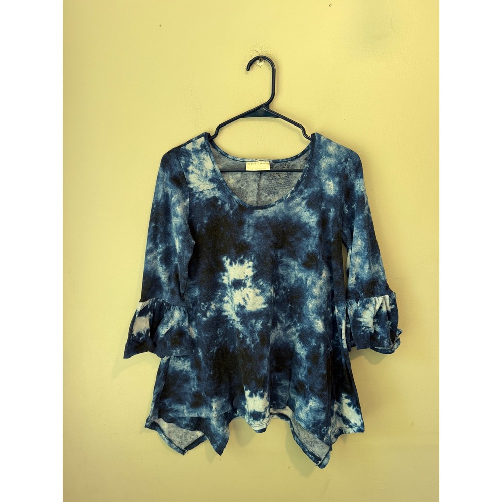 Bobbie Brooks Blue Tie Dye Ruffle Bell Sleeve Sharkbite Hem Top Medium